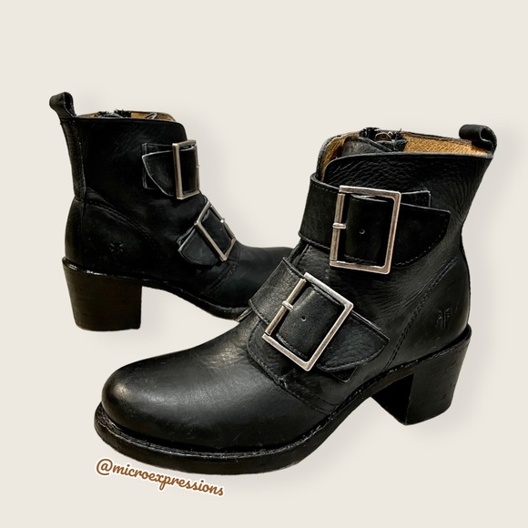 Frye Sabrina Double Buckle Vintage Academia Black Leather Block Heel Ankle Boot - Picture 9 of 16